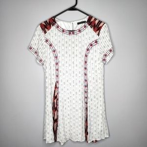 THML Embroidered Western Aztec Tribal Boho Mini Dress White Burgundy Red Size M